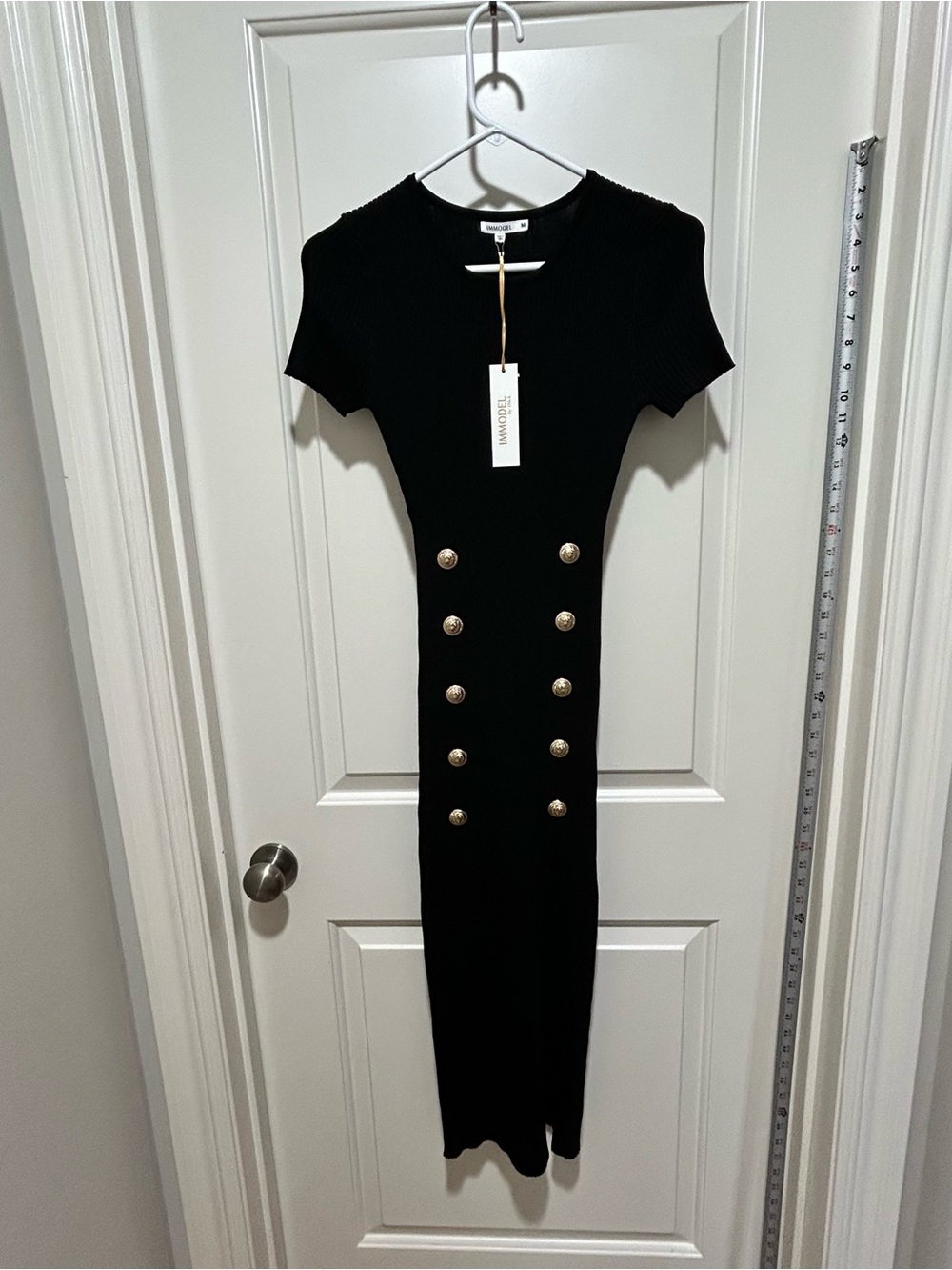 IMMODEL women’s size M Black NWT Short-Sleeve Ribbed Maxi Dress with Gold Button